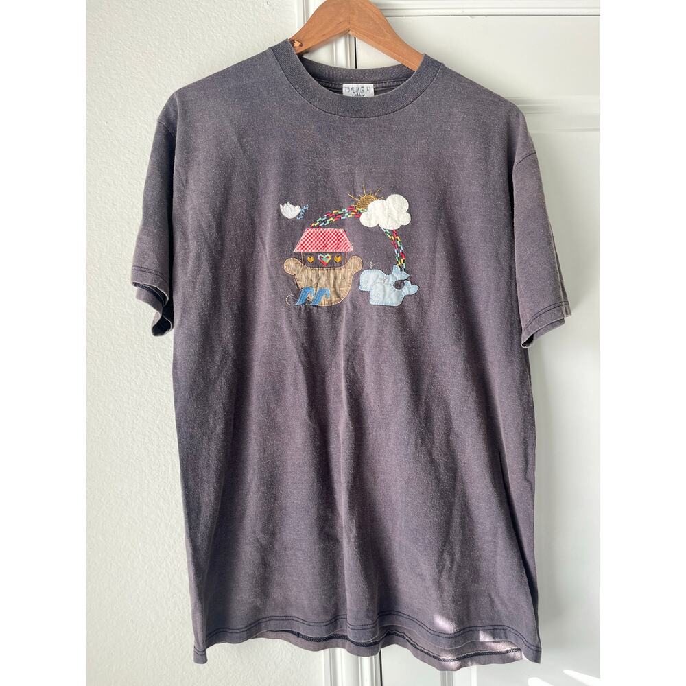 Vintage Unisex Embroidered Gray Noah's Ark Bible T-Shirt 100% Cotton | Large